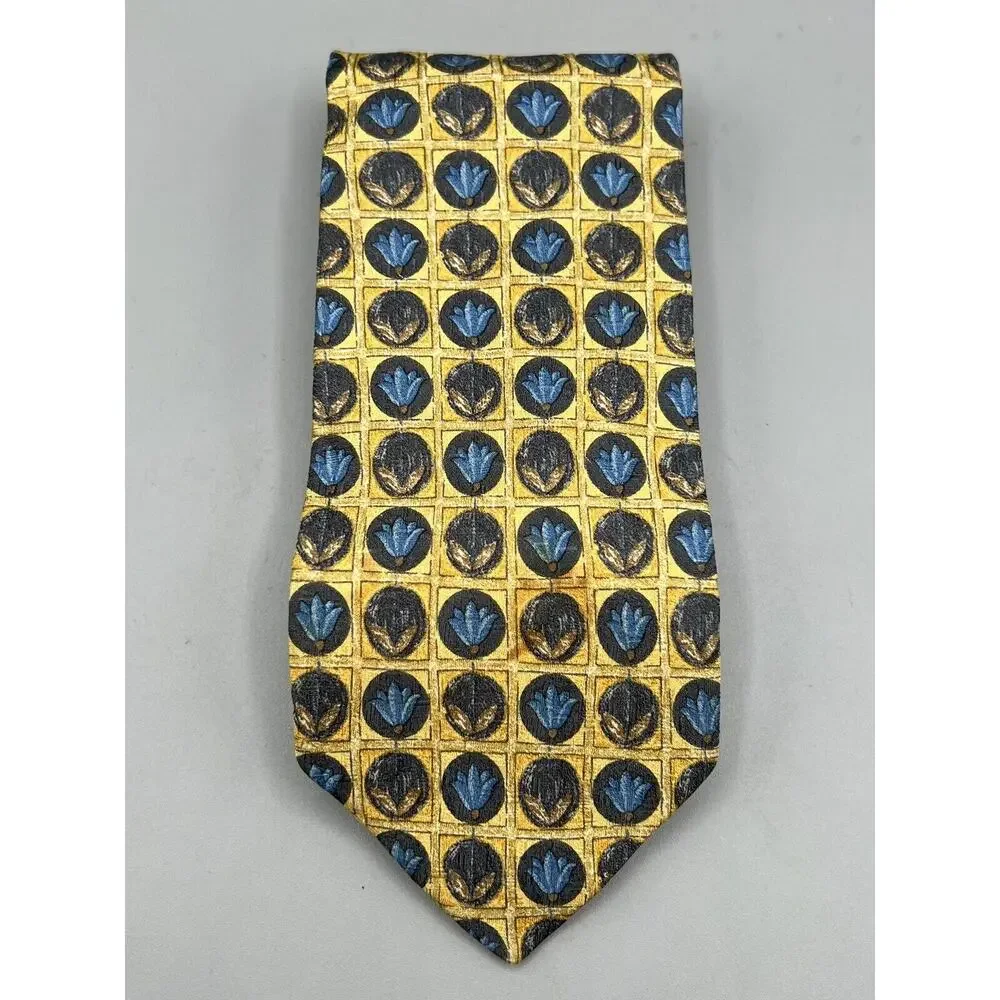 Ermenegildo Zegna Silk Tie Gold Blue Geometric‎ Floral Medallion Made in Italy